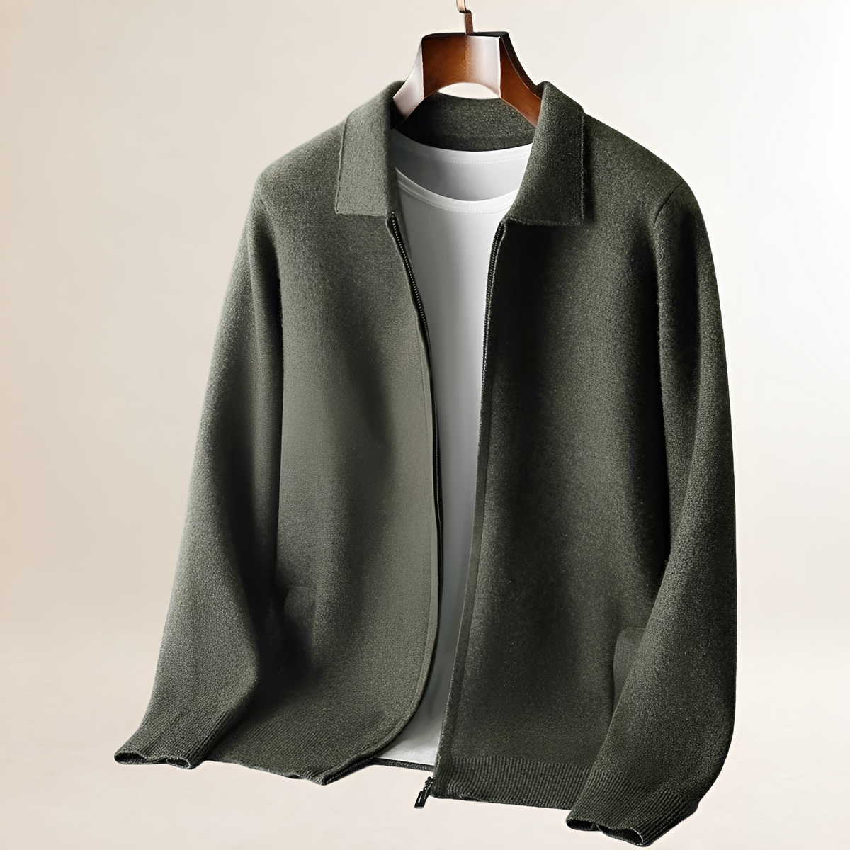 Cardigan para hombres con cremallera completa y cuello tipo camisa, bolsillos frontales duales, dobladillo y puños acanalados