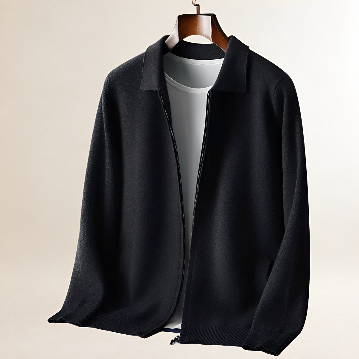 Cardigan para hombres con cremallera completa y cuello tipo camisa, bolsillos frontales duales, dobladillo y puños acanalados