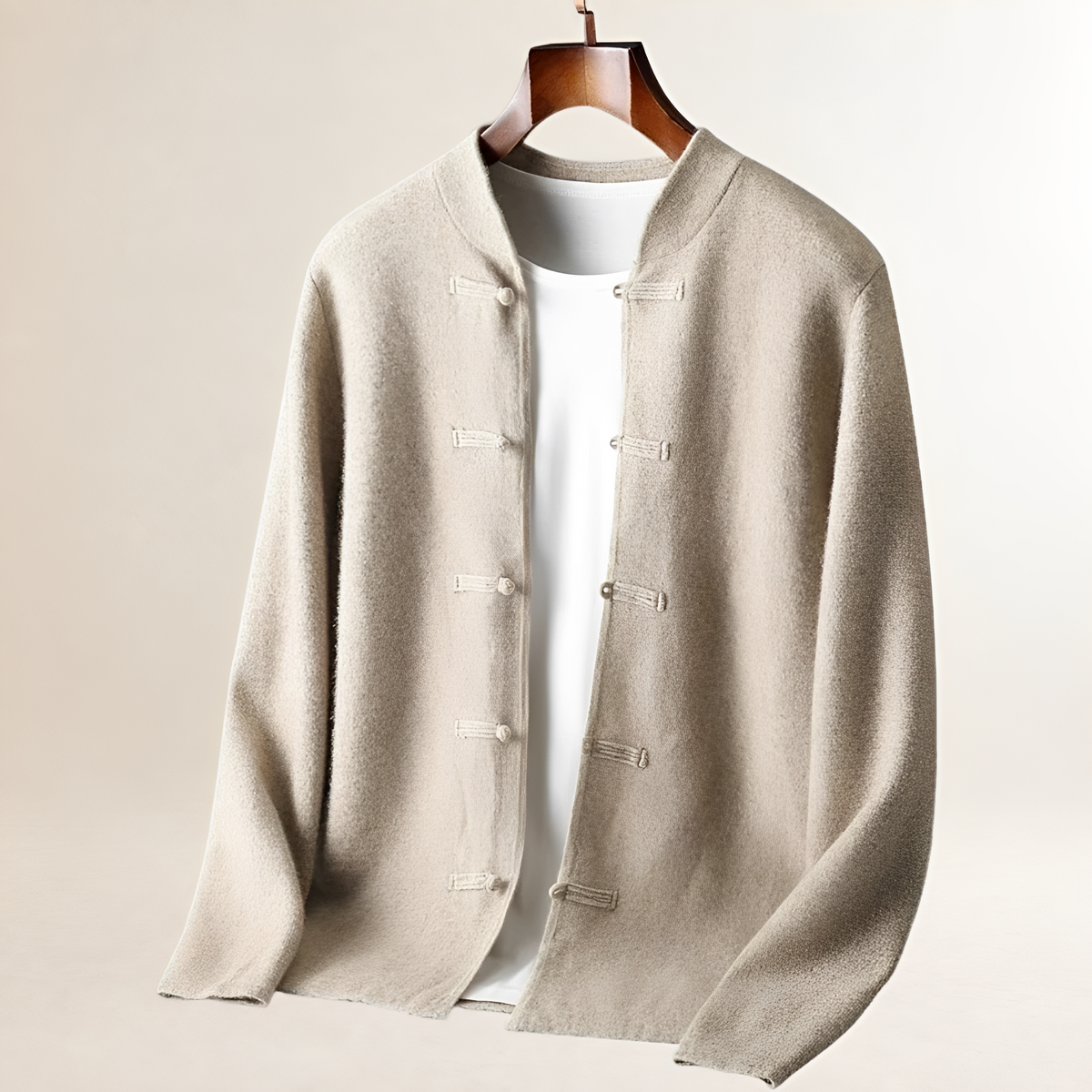 Cardigan para hombres con cuello alto y cierre de lazo, corte recto
