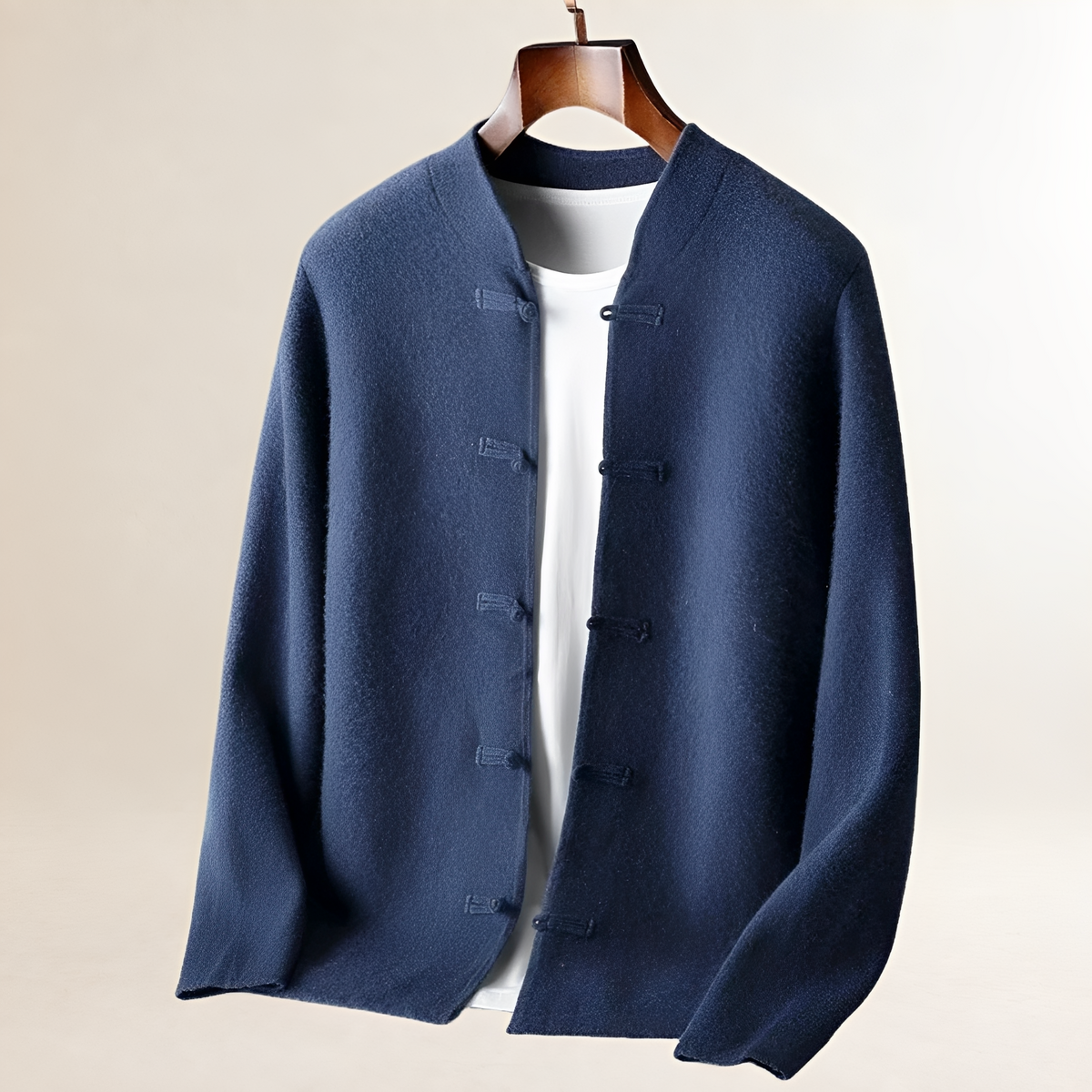 Cardigan para hombres con cuello alto y cierre de lazo, corte recto