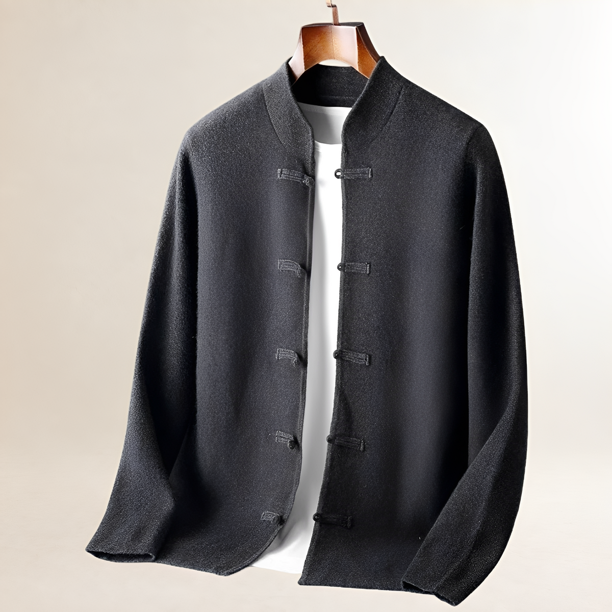 Cardigan para hombres con cuello alto y cierre de lazo, corte recto