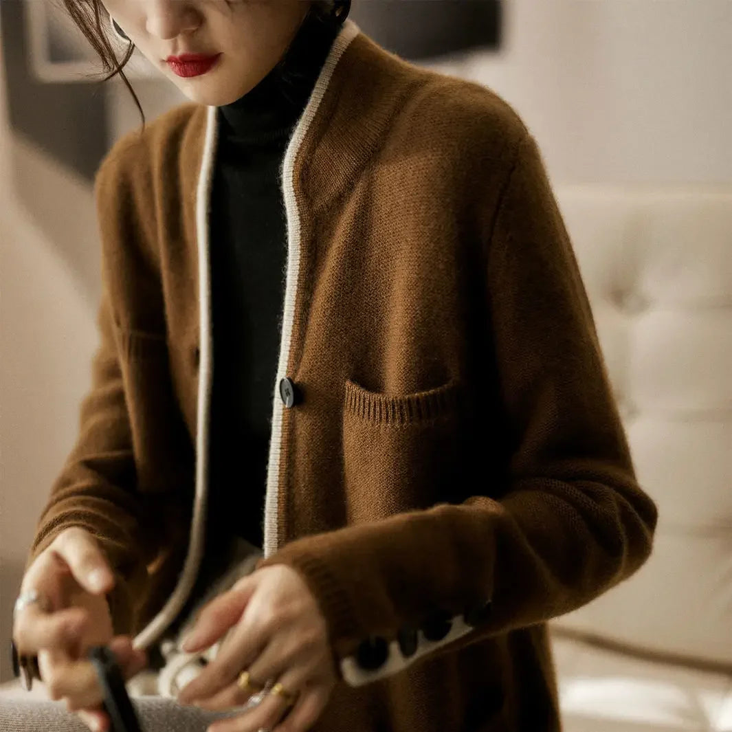 Cardigan para mujer - Cierre de botones con bolsillos y ribete en contraste