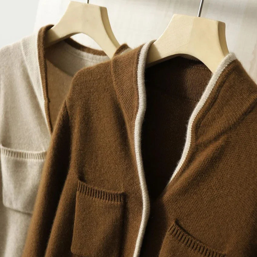 Cardigan para mujer - Cierre de botones con bolsillos y ribete en contraste