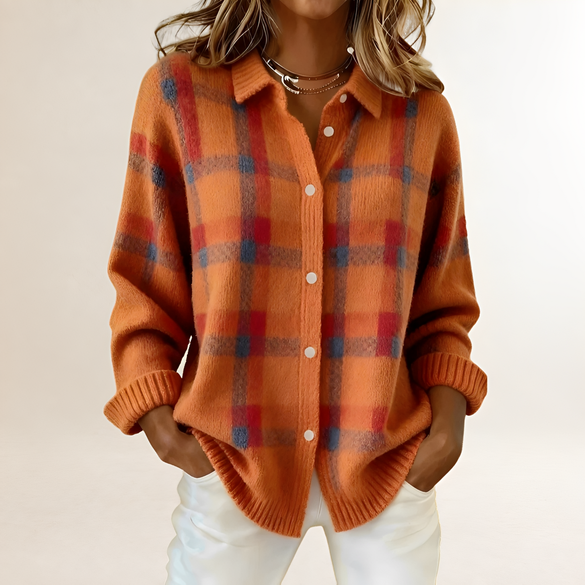 Cardigan para mujer con patrón de cuadros, cierre de botones y corte relajado