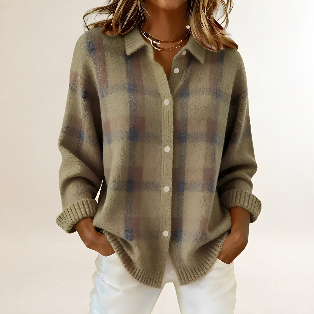 Cardigan para mujer con patrón de cuadros, cierre de botones y corte relajado