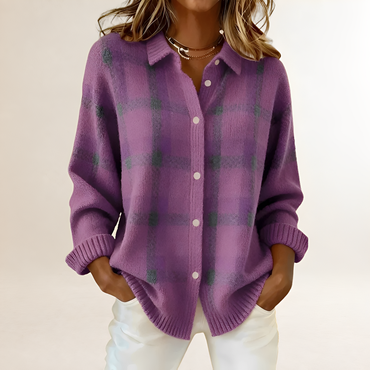 Cardigan para mujer con patrón de cuadros, cierre de botones y corte relajado