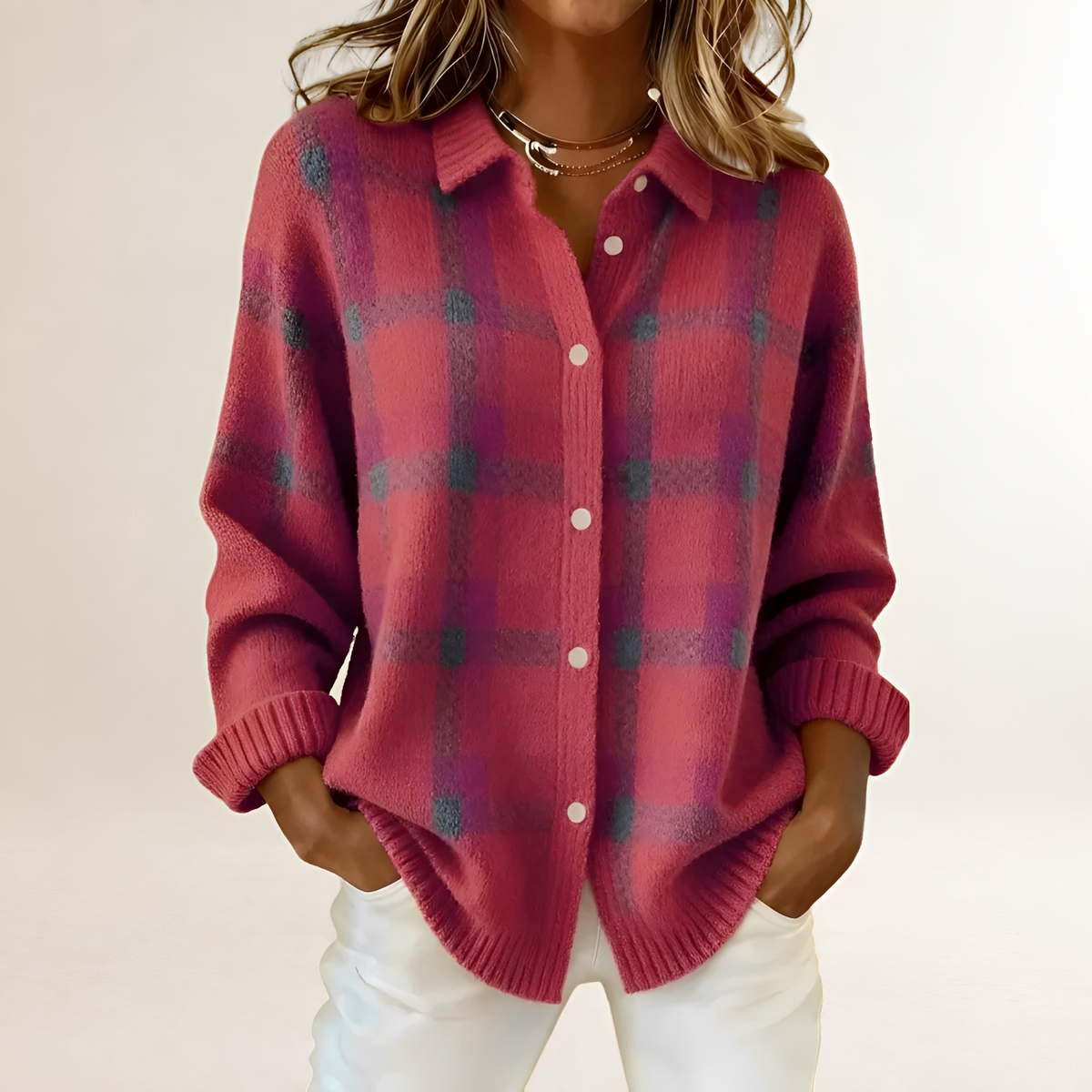 Cardigan para mujer con patrón de cuadros, cierre de botones y corte relajado