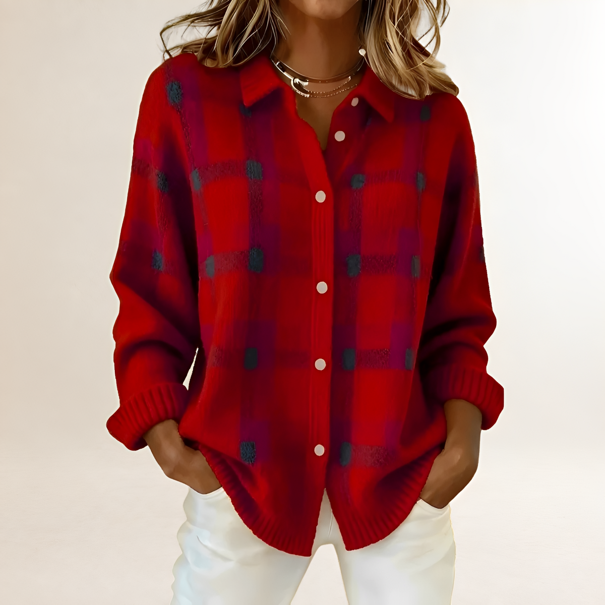 Cardigan para mujer con patrón de cuadros, cierre de botones y corte relajado