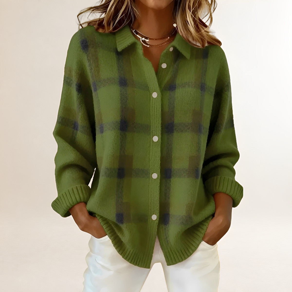 Cardigan para mujer con patrón de cuadros, cierre de botones y corte relajado