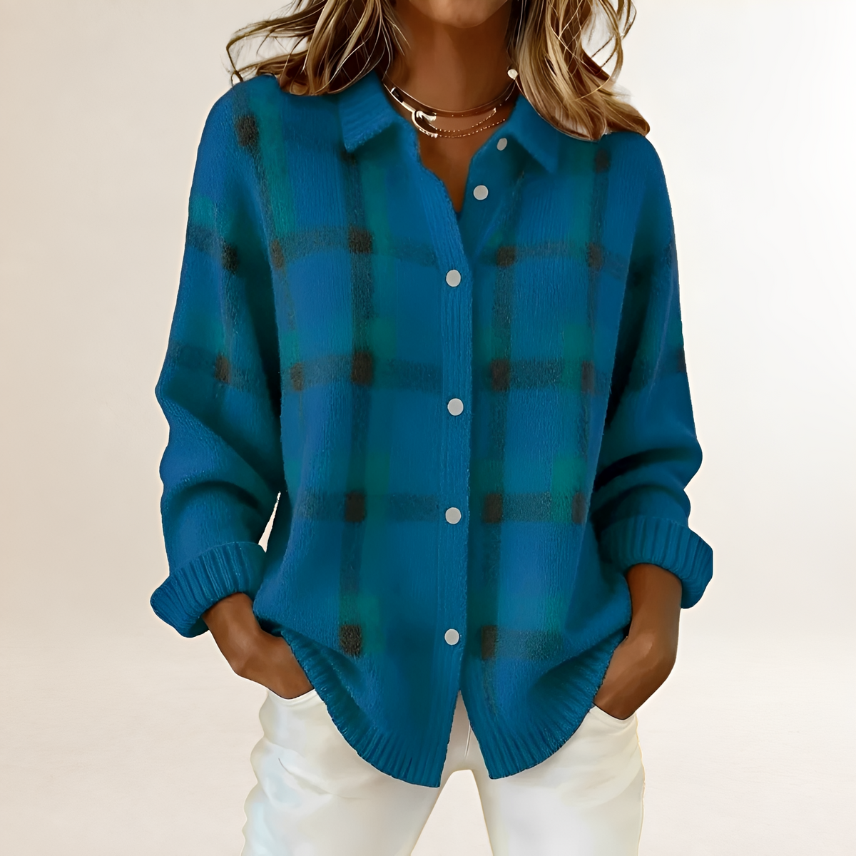 Cardigan para mujer con patrón de cuadros, cierre de botones y corte relajado