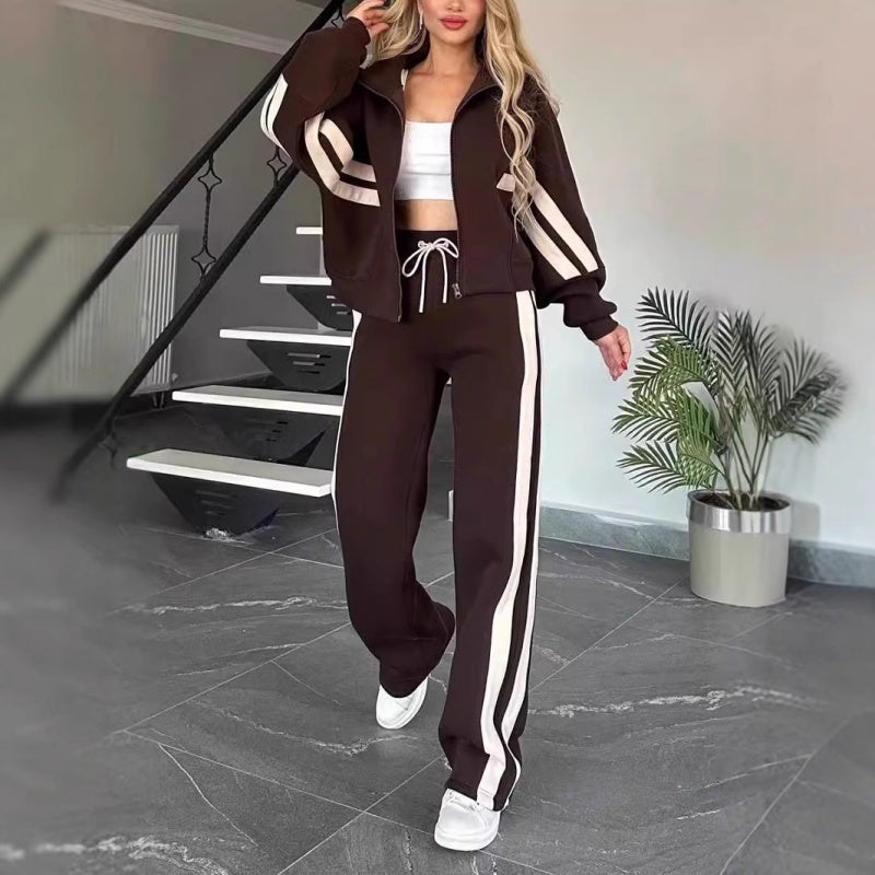 Chándal de dos piezas para mujer con chaqueta con cremallera y pantalones de pierna ancha