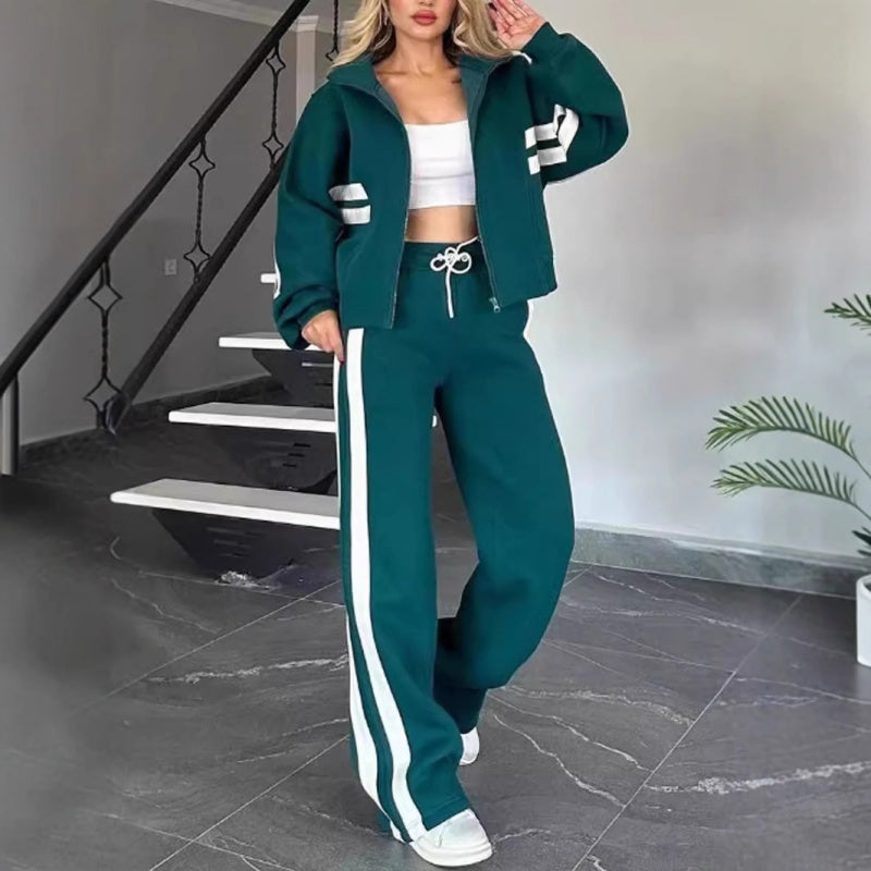 Chándal de dos piezas para mujer con chaqueta con cremallera y pantalones de pierna ancha