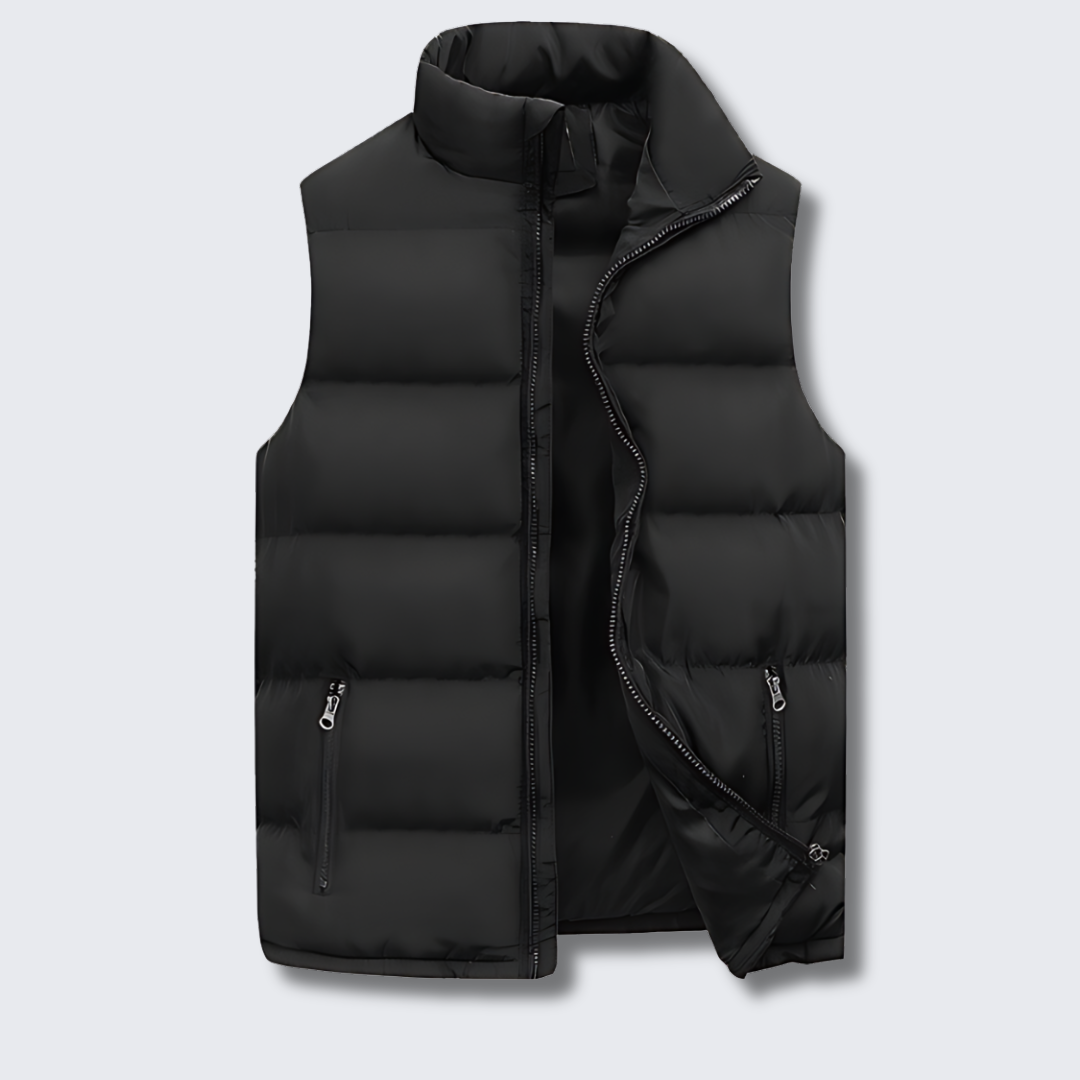 Chaleco acolchado para hombre con cuello alto, cremallón completo y bolsillos con cremallera