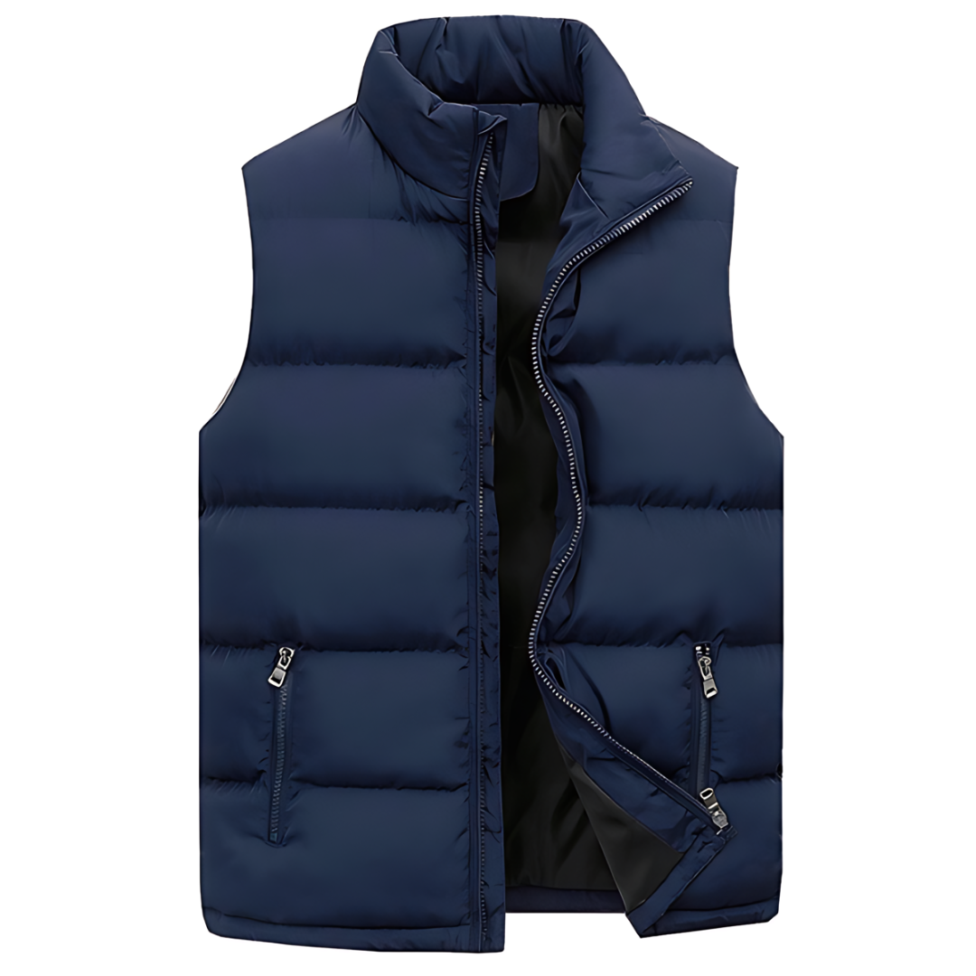 Chaleco acolchado para hombre con cuello alto, cremallón completo y bolsillos con cremallera