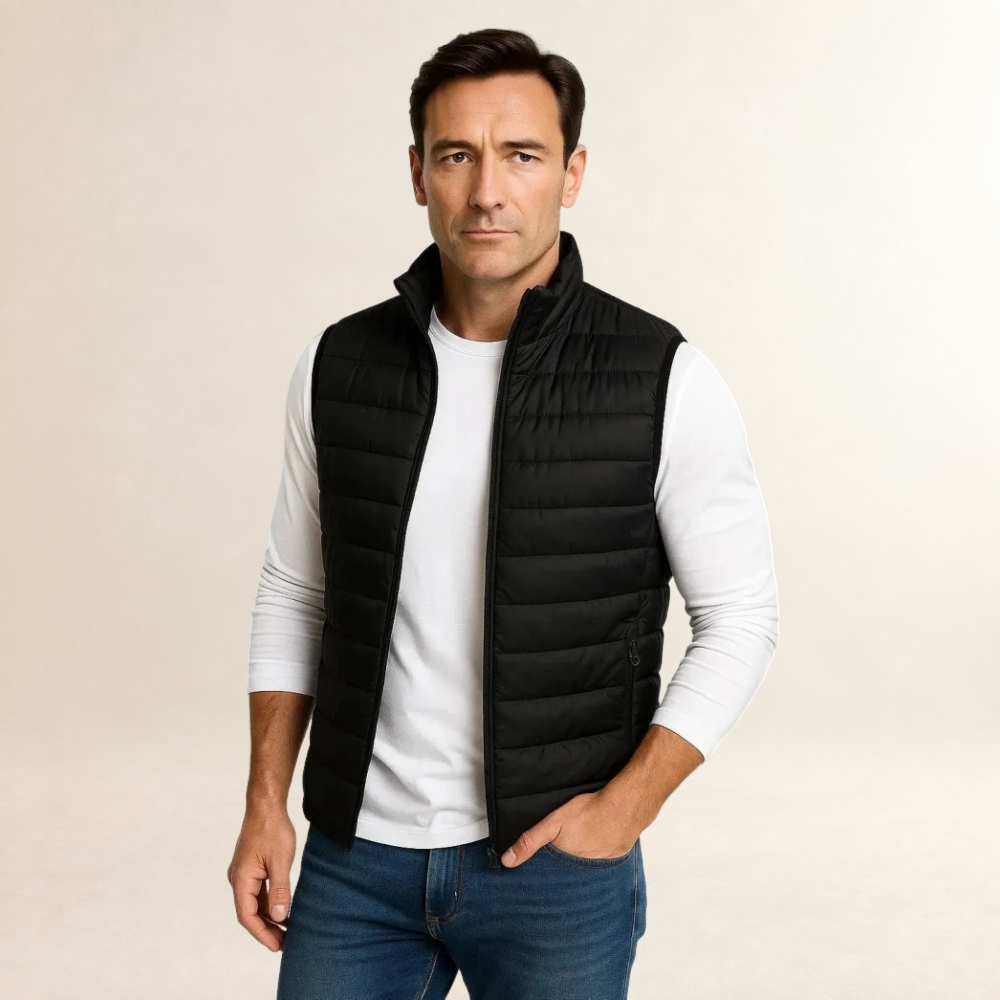 Chaleco acolchado sin mangas para hombre con cuello alto y cierre frontal