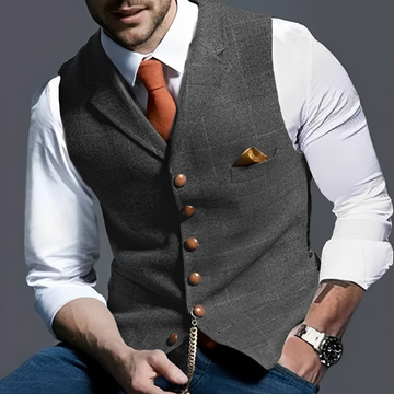 Chaleco para hombre, corte ajustado, cierre de botones simple, espiga cuadriculado y detalle reloj