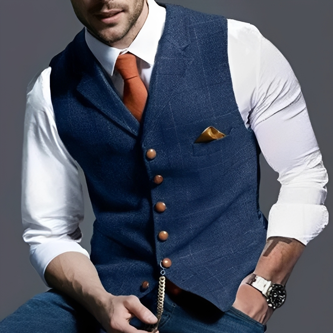 Chaleco para hombre, corte ajustado, cierre de botones simple, espiga cuadriculado y detalle reloj