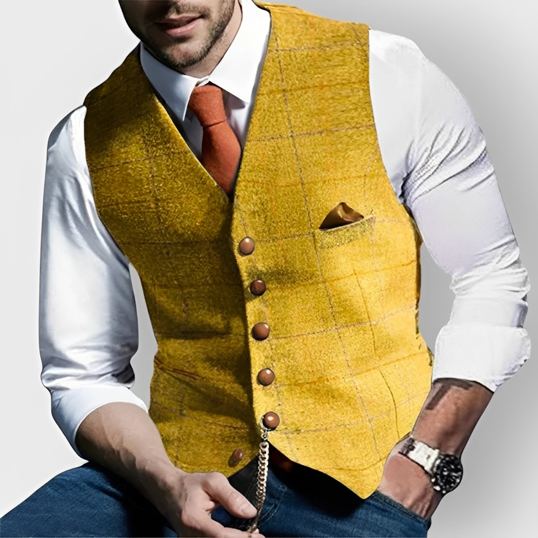 Chaleco para hombre, corte ajustado, cierre de botones simple, espiga cuadriculado y detalle reloj