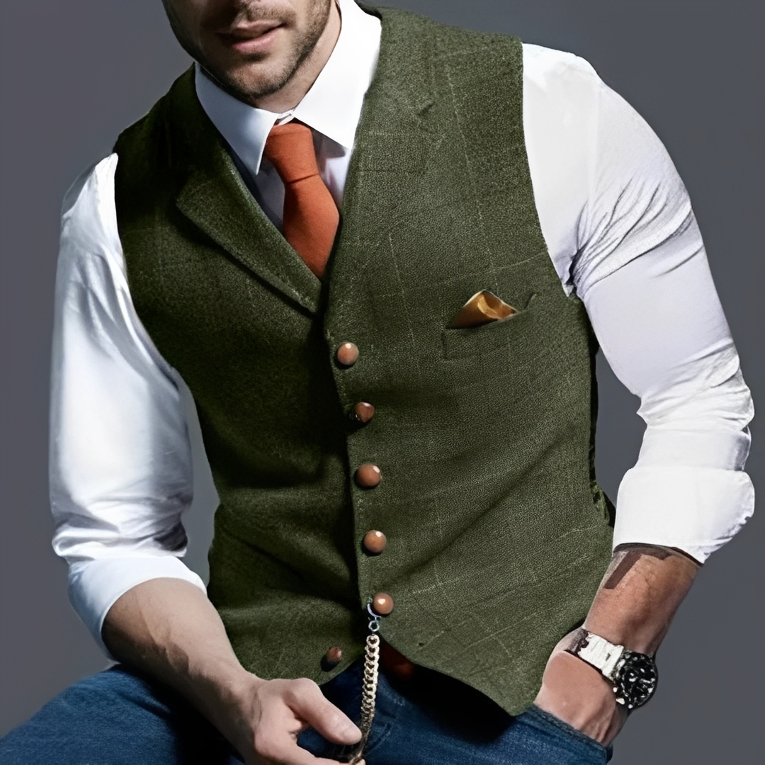 Chaleco para hombre, corte ajustado, cierre de botones simple, espiga cuadriculado y detalle reloj