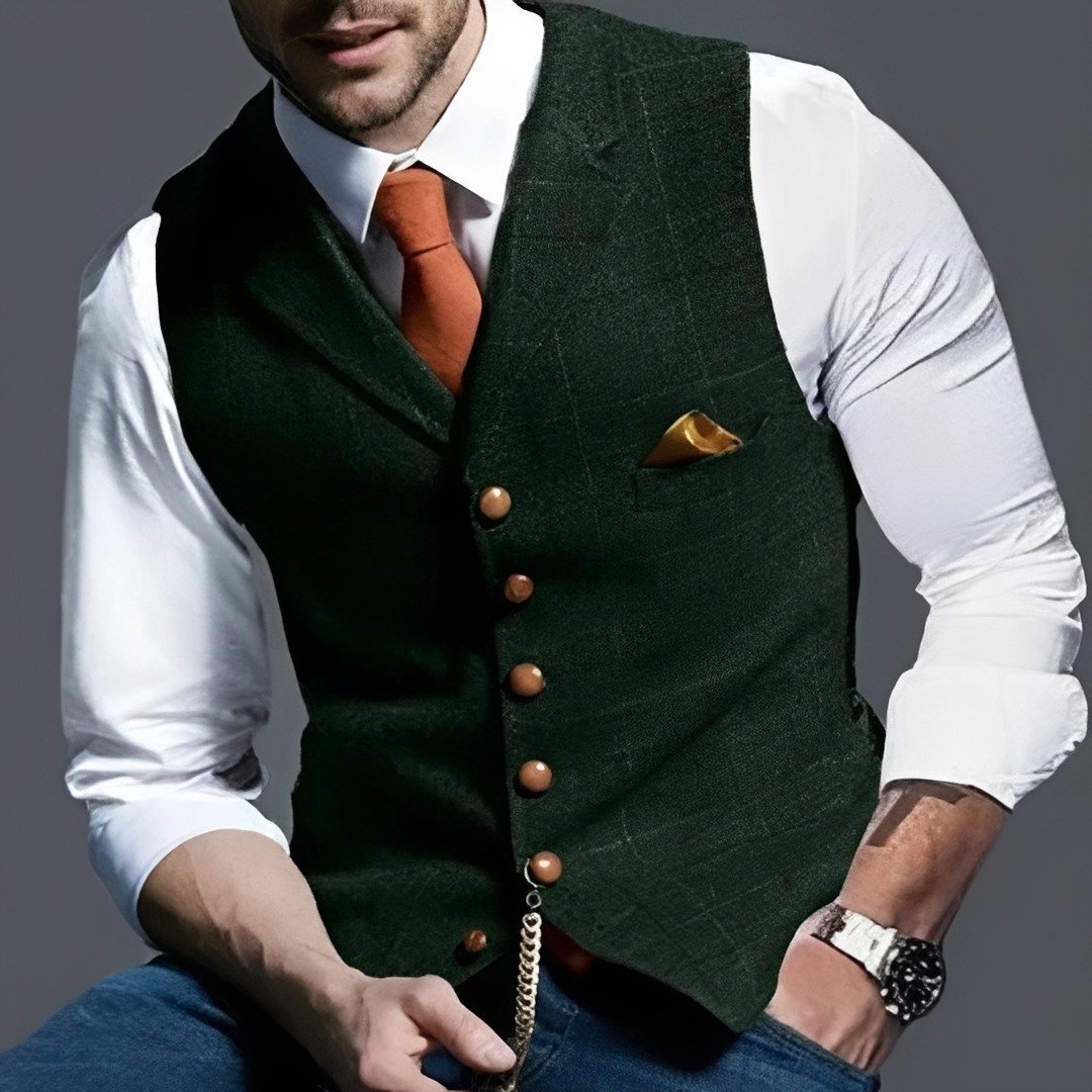 Chaleco para hombre, corte ajustado, cierre de botones simple, espiga cuadriculado y detalle reloj