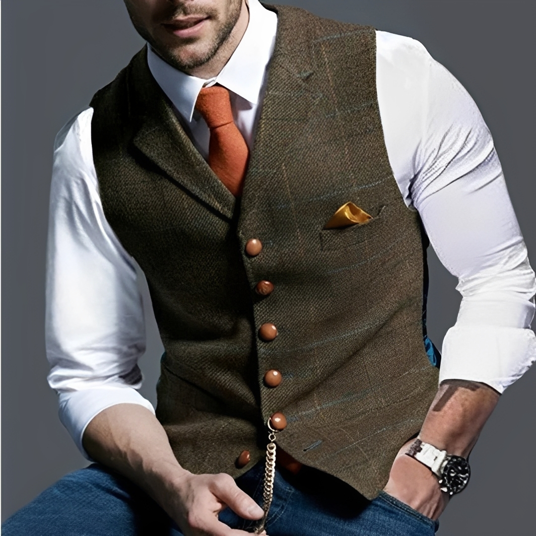 Chaleco para hombre, corte ajustado, cierre de botones simple, espiga cuadriculado y detalle reloj