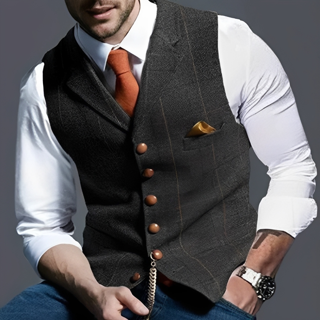 Chaleco para hombre, corte ajustado, cierre de botones simple, espiga cuadriculado y detalle reloj