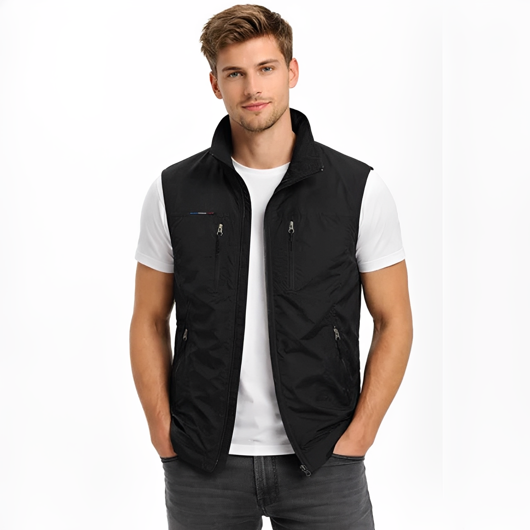 Chaleco para hombre sin mangas con cremallera frontal y cuello alto, cuatro bolsillos con cremallera - corte recto