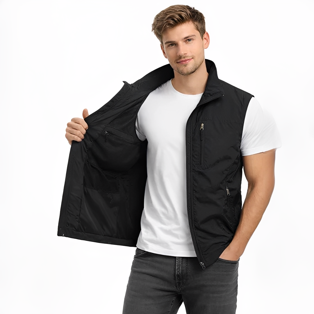 Chaleco para hombre sin mangas con cremallera frontal y cuello alto, cuatro bolsillos con cremallera - corte recto