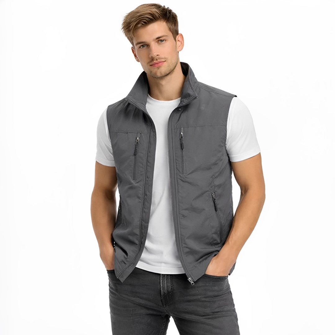 Chaleco para hombre sin mangas con cremallera frontal y cuello alto, cuatro bolsillos con cremallera - corte recto