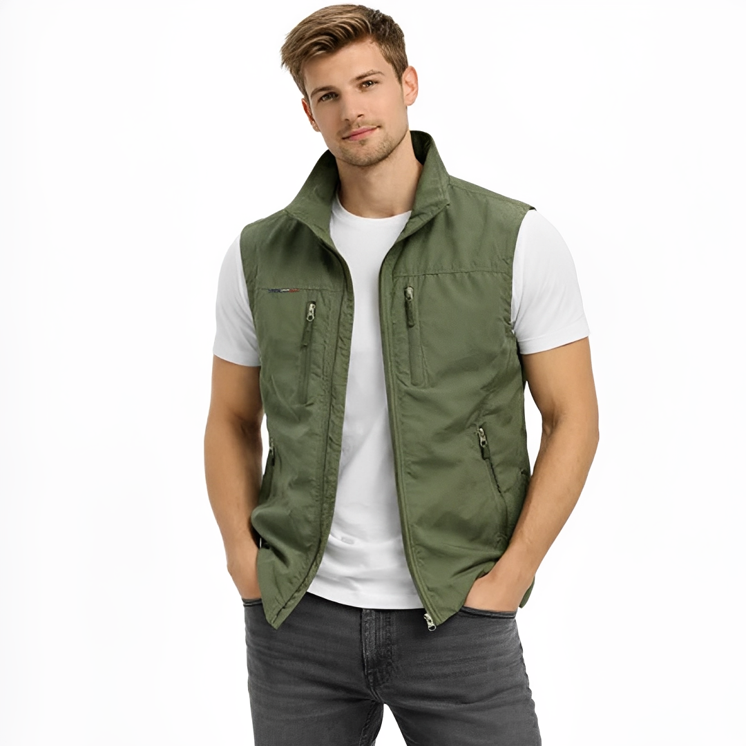 Chaleco para hombre sin mangas con cremallera frontal y cuello alto, cuatro bolsillos con cremallera - corte recto