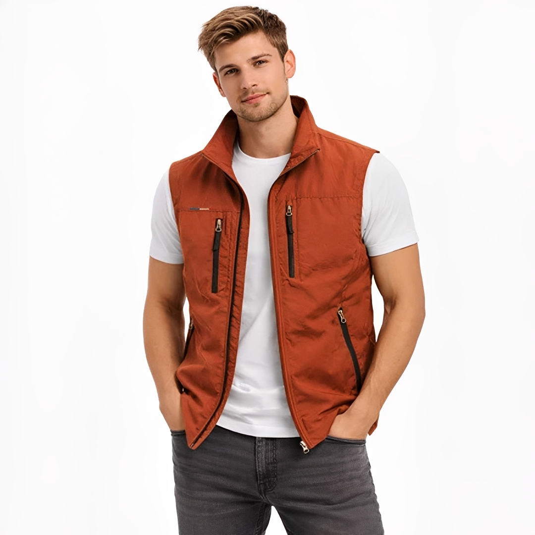 Chaleco para hombre sin mangas con cremallera frontal y cuello alto, cuatro bolsillos con cremallera - corte recto
