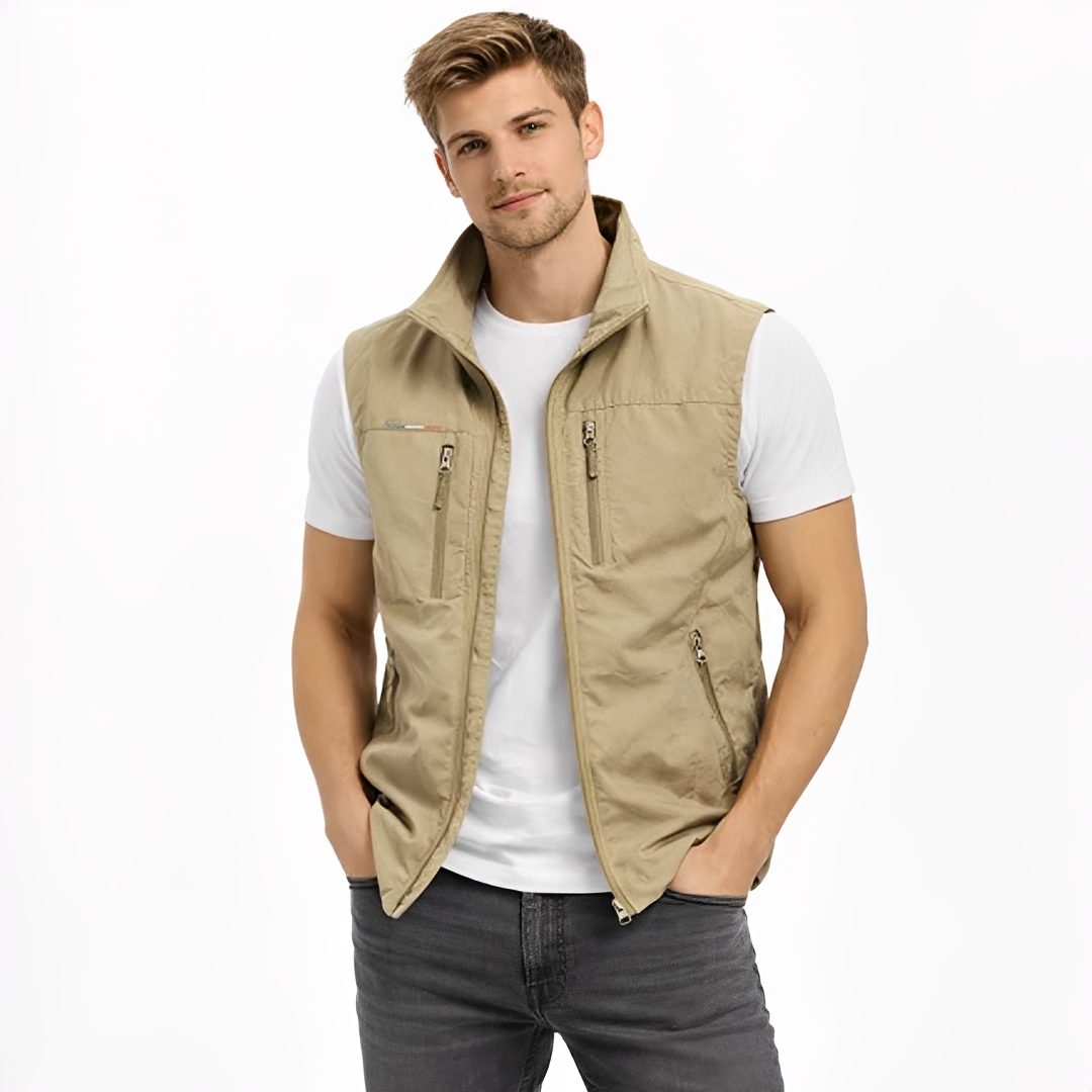 Chaleco para hombre sin mangas con cremallera frontal y cuello alto, cuatro bolsillos con cremallera - corte recto