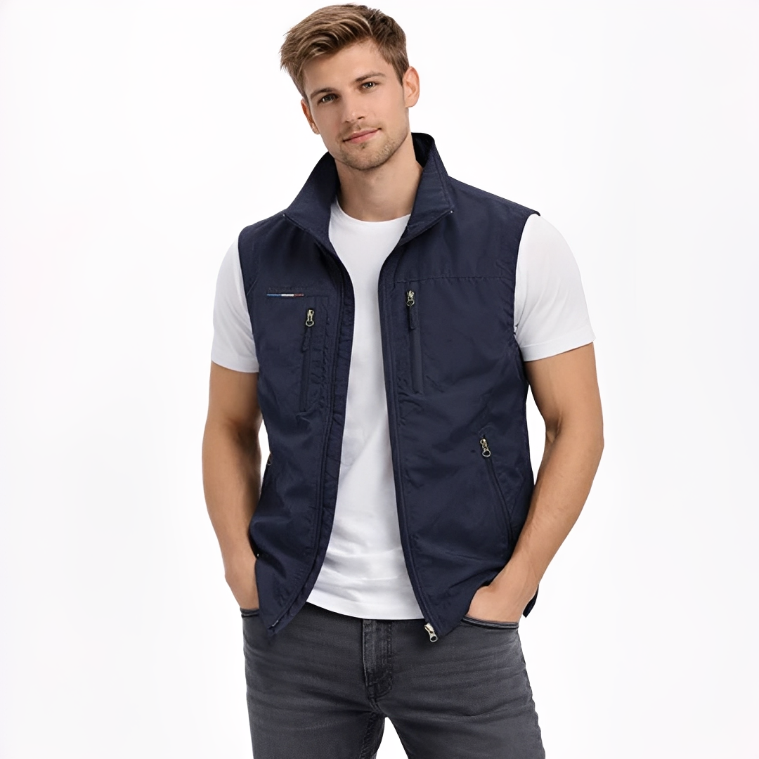 Chaleco para hombre sin mangas con cremallera frontal y cuello alto, cuatro bolsillos con cremallera - corte recto