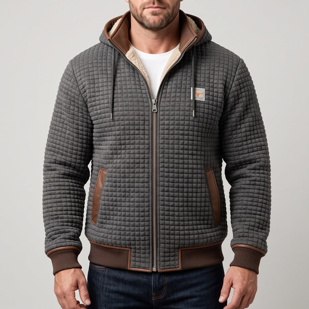 Chaqueta acolchada con capucha y cierre de cremallera, detalles en contraste para hombre