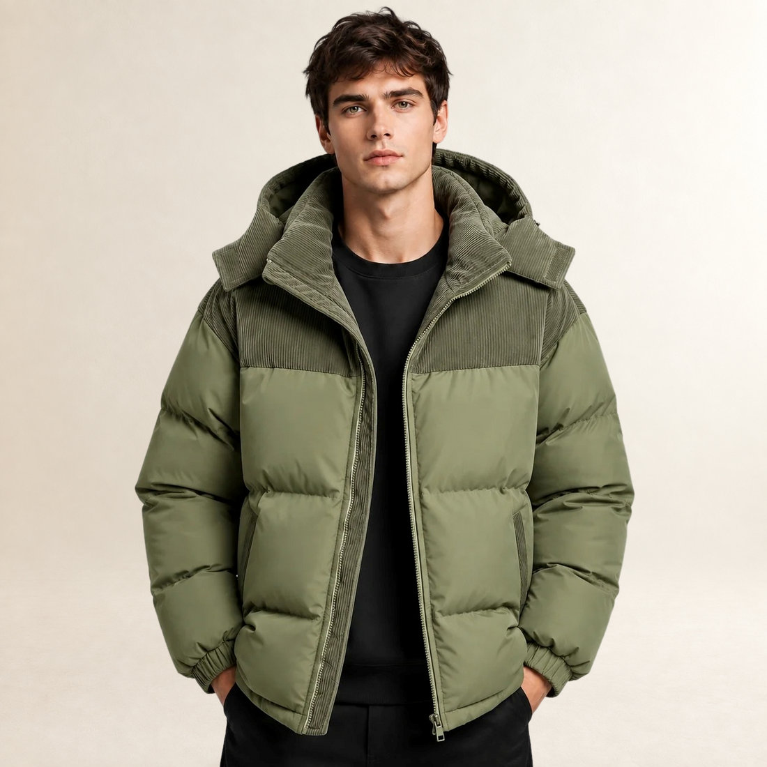 Chaqueta acolchada para hombre con capucha y diseño de bloques de color - Corte oversize