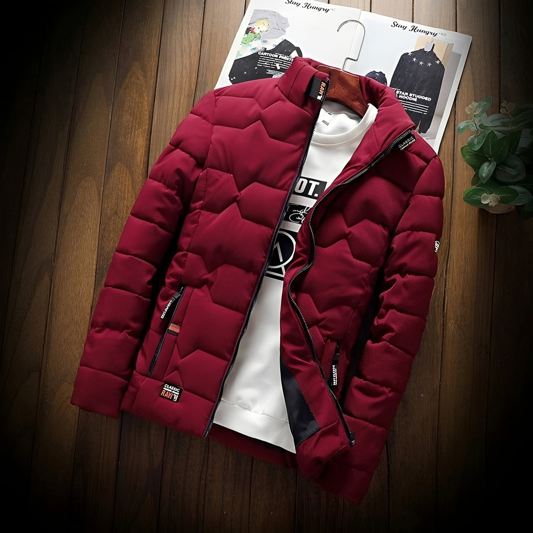 Chaqueta acolchada para hombre con costuras geométricas y bolsillos con cremallera
