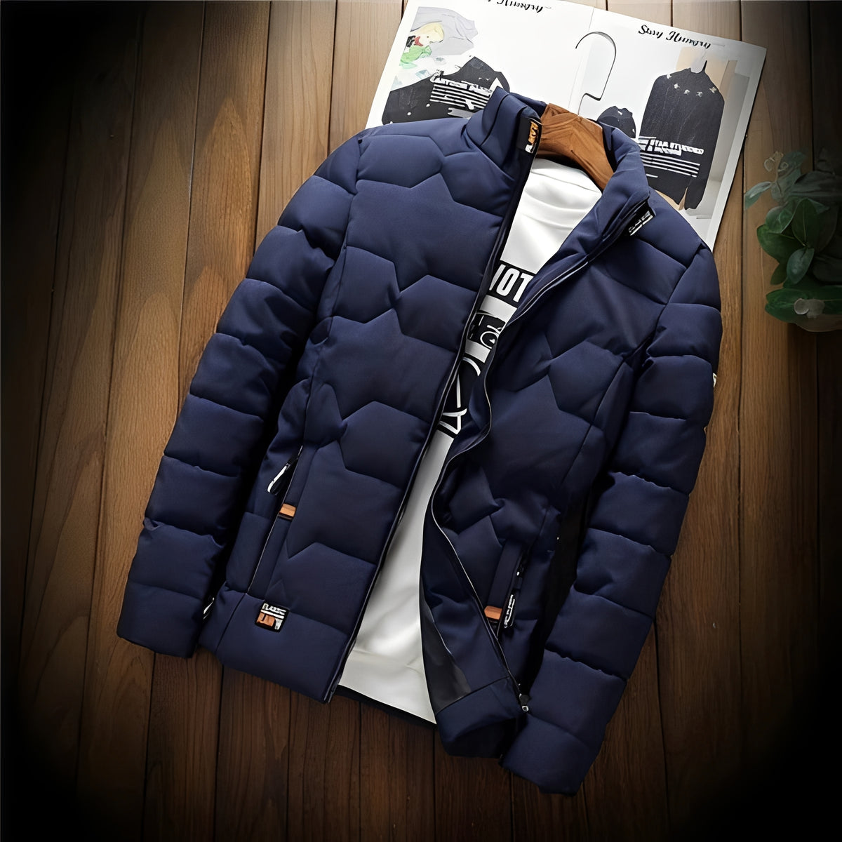 Chaqueta acolchada para hombre con costuras geométricas y bolsillos con cremallera