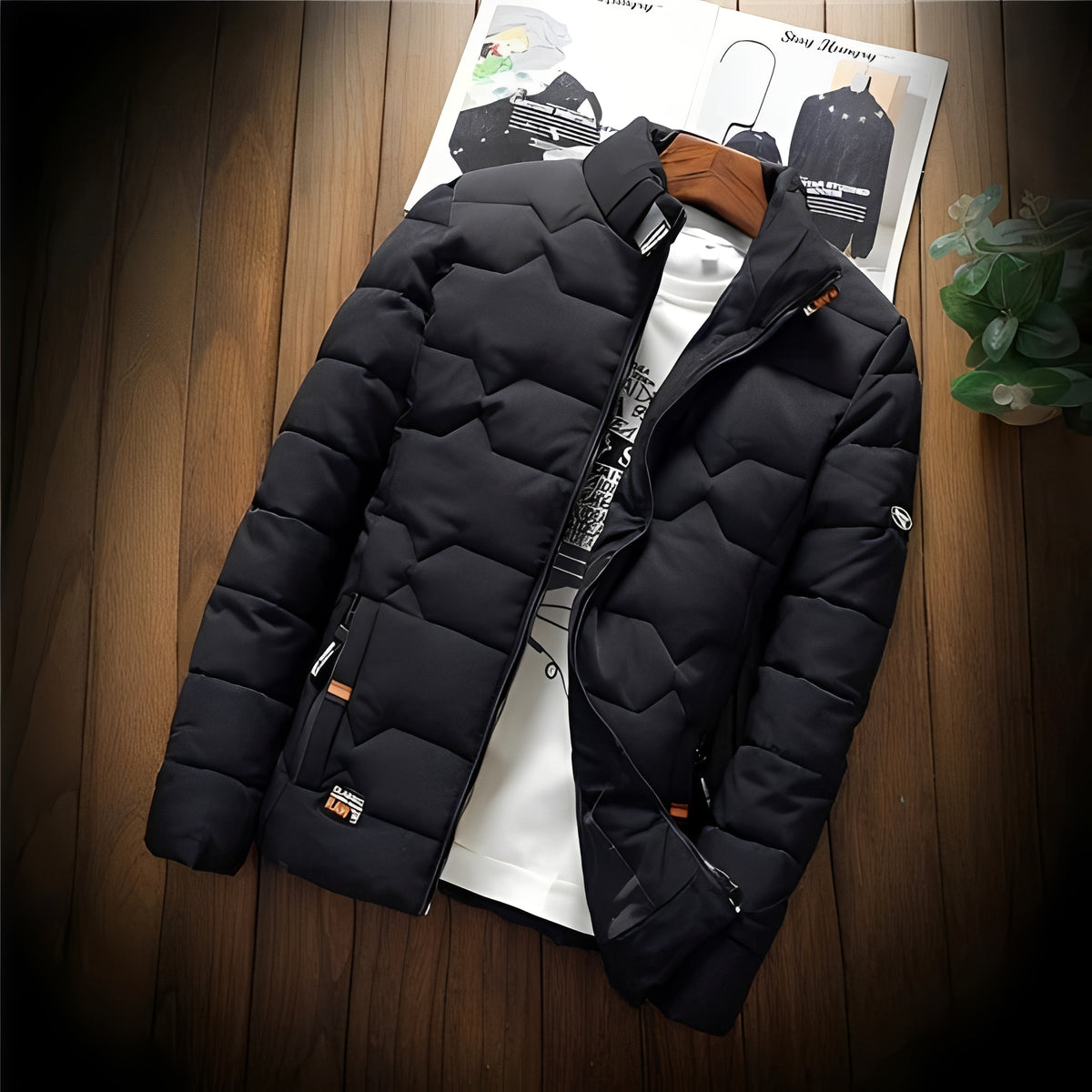 Chaqueta acolchada para hombre con costuras geométricas y bolsillos con cremallera