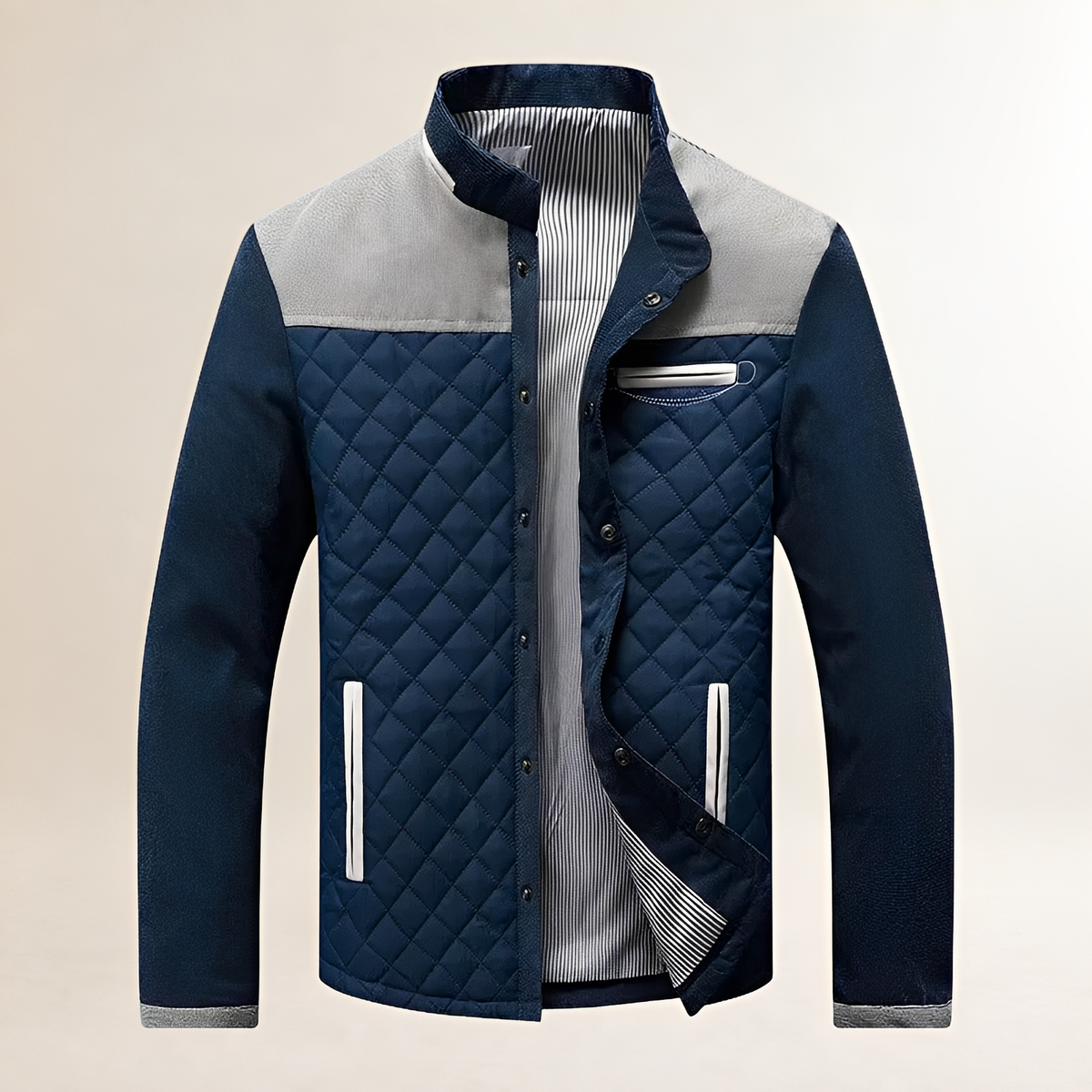 Chaqueta acolchada para hombre con cuello alto, paneles en contraste y cierre de cremallera