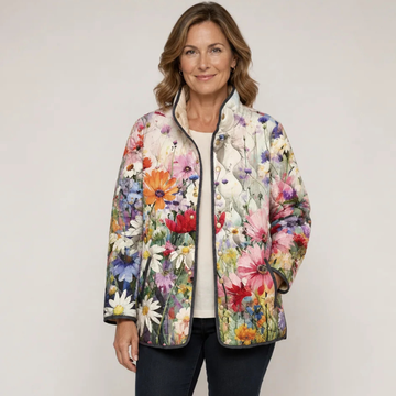 Chaqueta acolchada para mujer con estampado, cuello alto, cierre de snaps y bolsillos