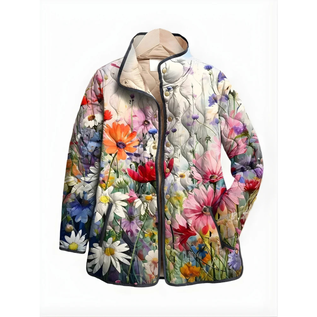 Chaqueta acolchada para mujer con estampado, cuello alto, cierre de snaps y bolsillos