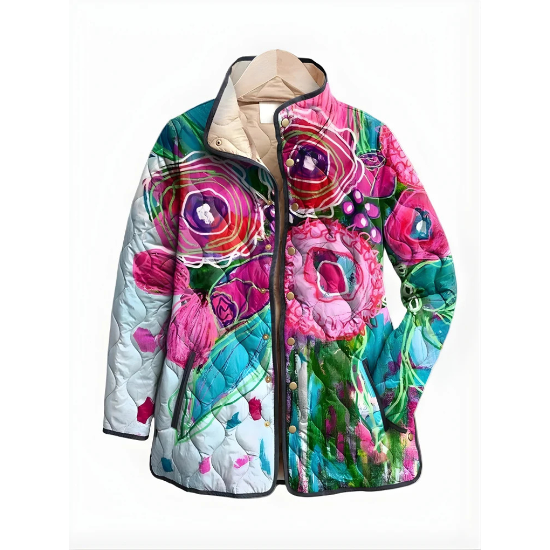 Chaqueta acolchada para mujer con estampado, cuello alto, cierre de snaps y bolsillos