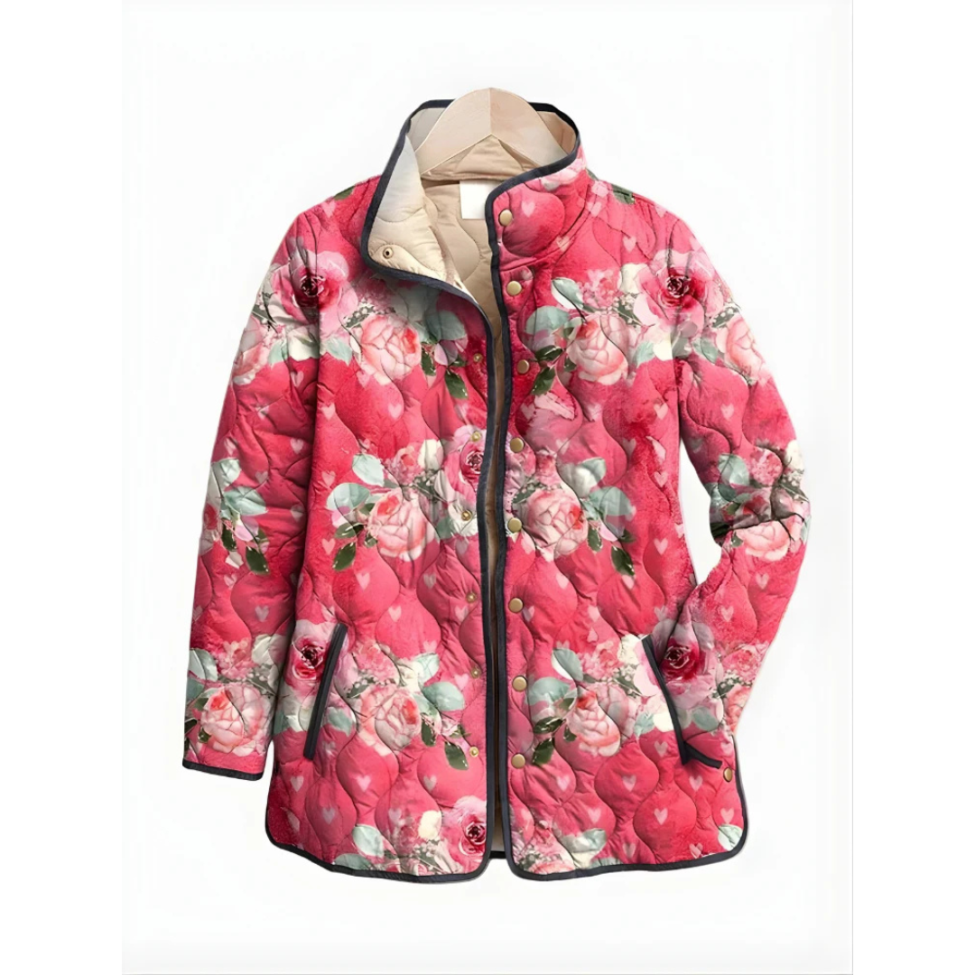 Chaqueta acolchada para mujer con estampado, cuello alto, cierre de snaps y bolsillos