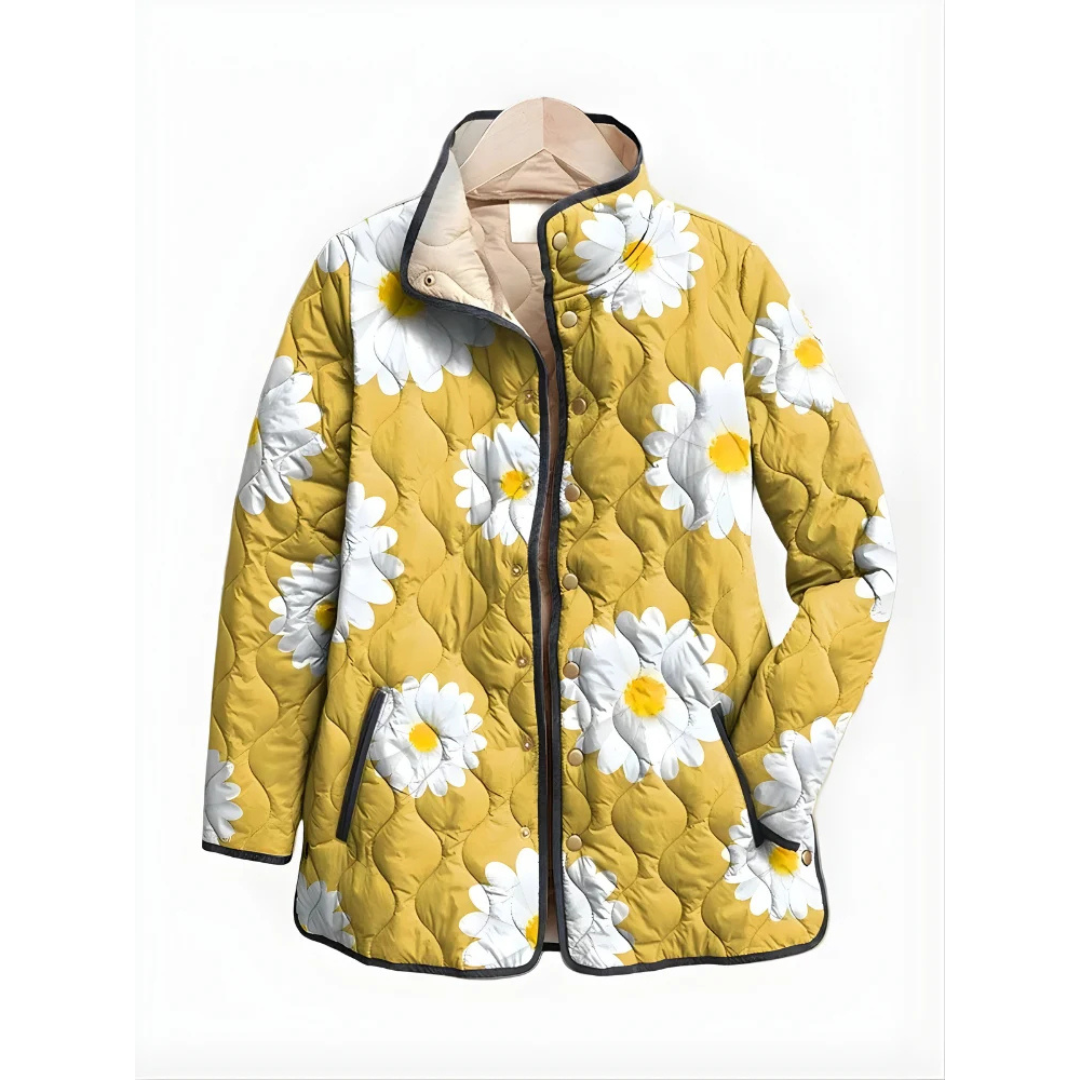 Chaqueta acolchada para mujer con estampado, cuello alto, cierre de snaps y bolsillos