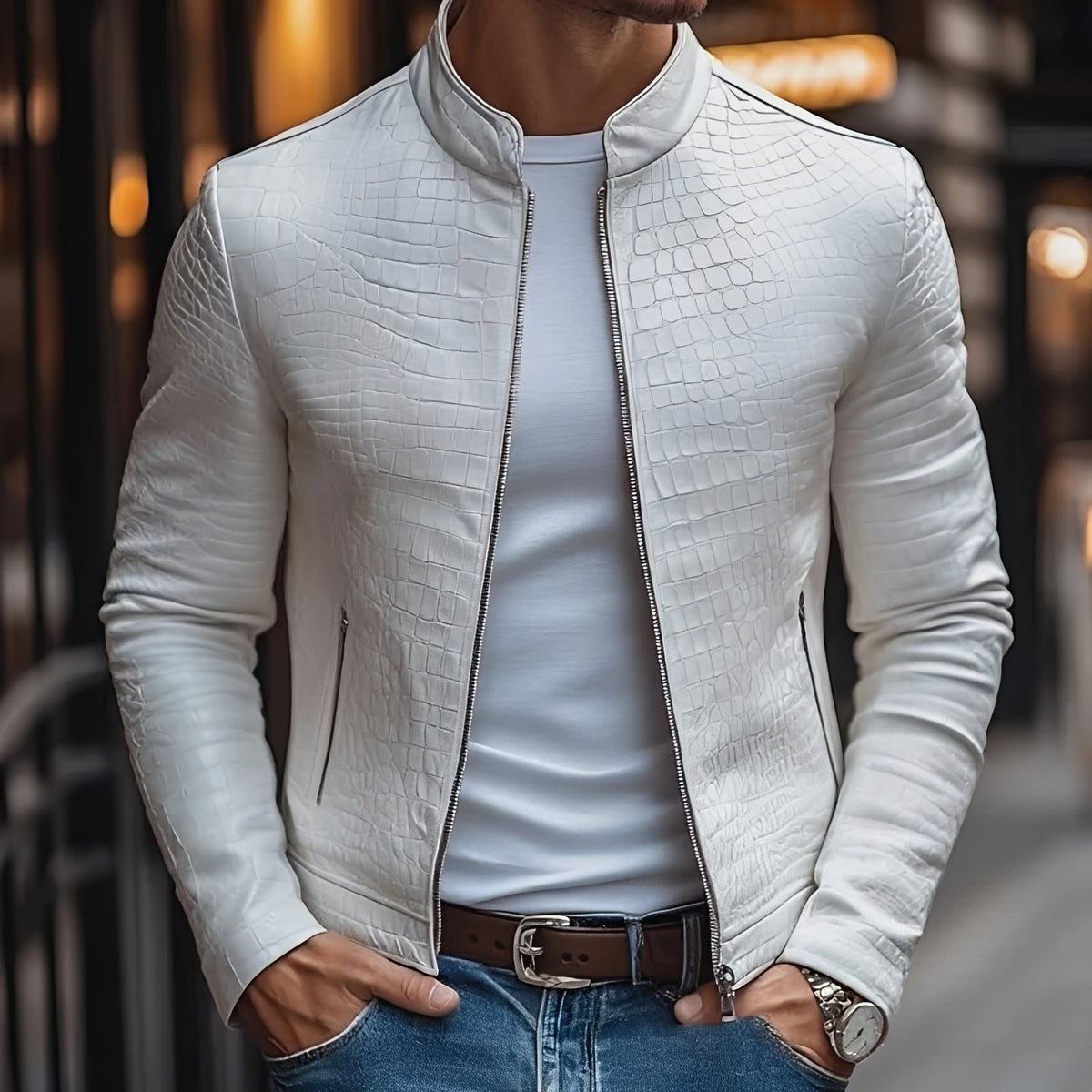 Chaqueta ajustada para hombre con cuello alto y cierre de cremallera - Diseño texturizado