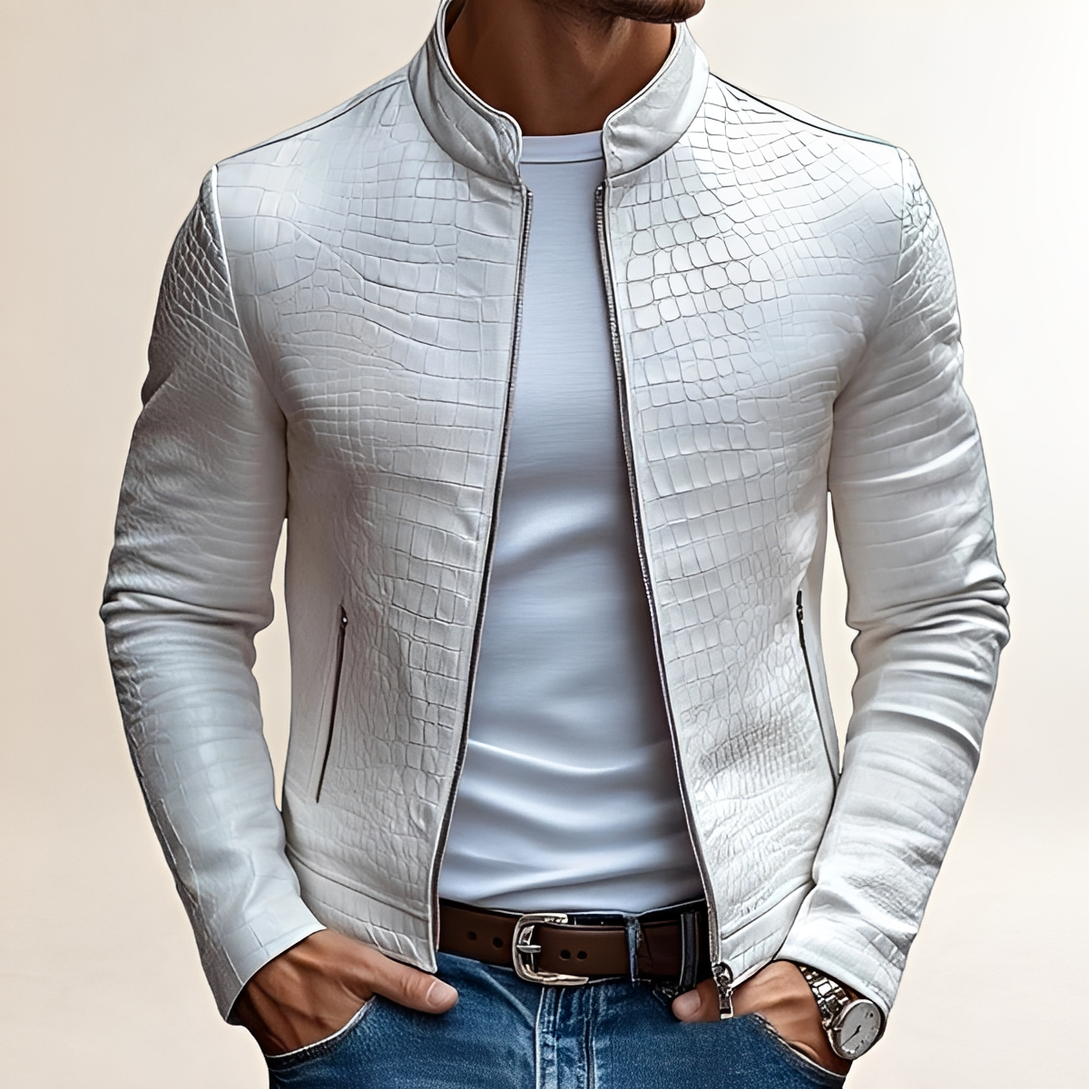 Chaqueta ajustada para hombre con cuello alto y cierre de cremallera - Diseño texturizado