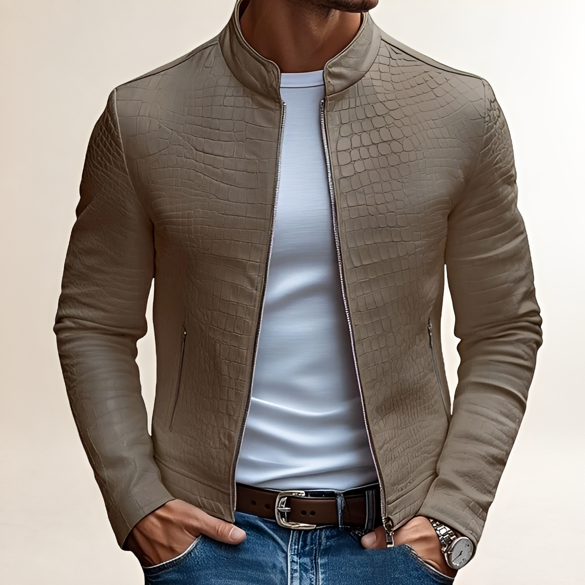 Chaqueta ajustada para hombre con cuello alto y cierre de cremallera - Diseño texturizado