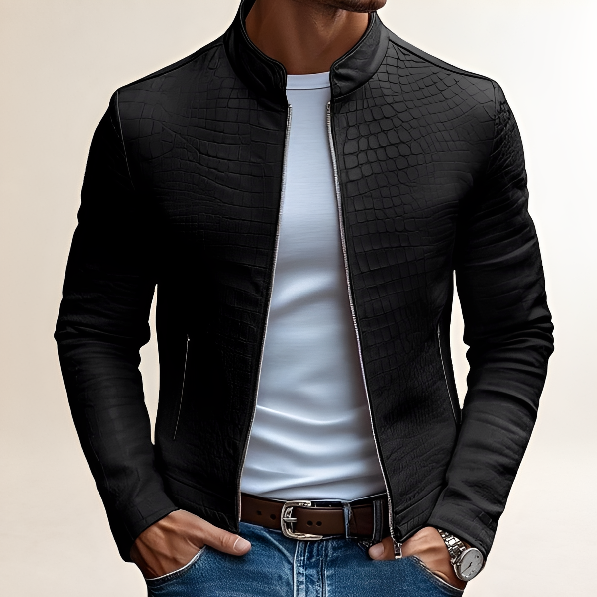 Chaqueta ajustada para hombre con cuello alto y cierre de cremallera - Diseño texturizado