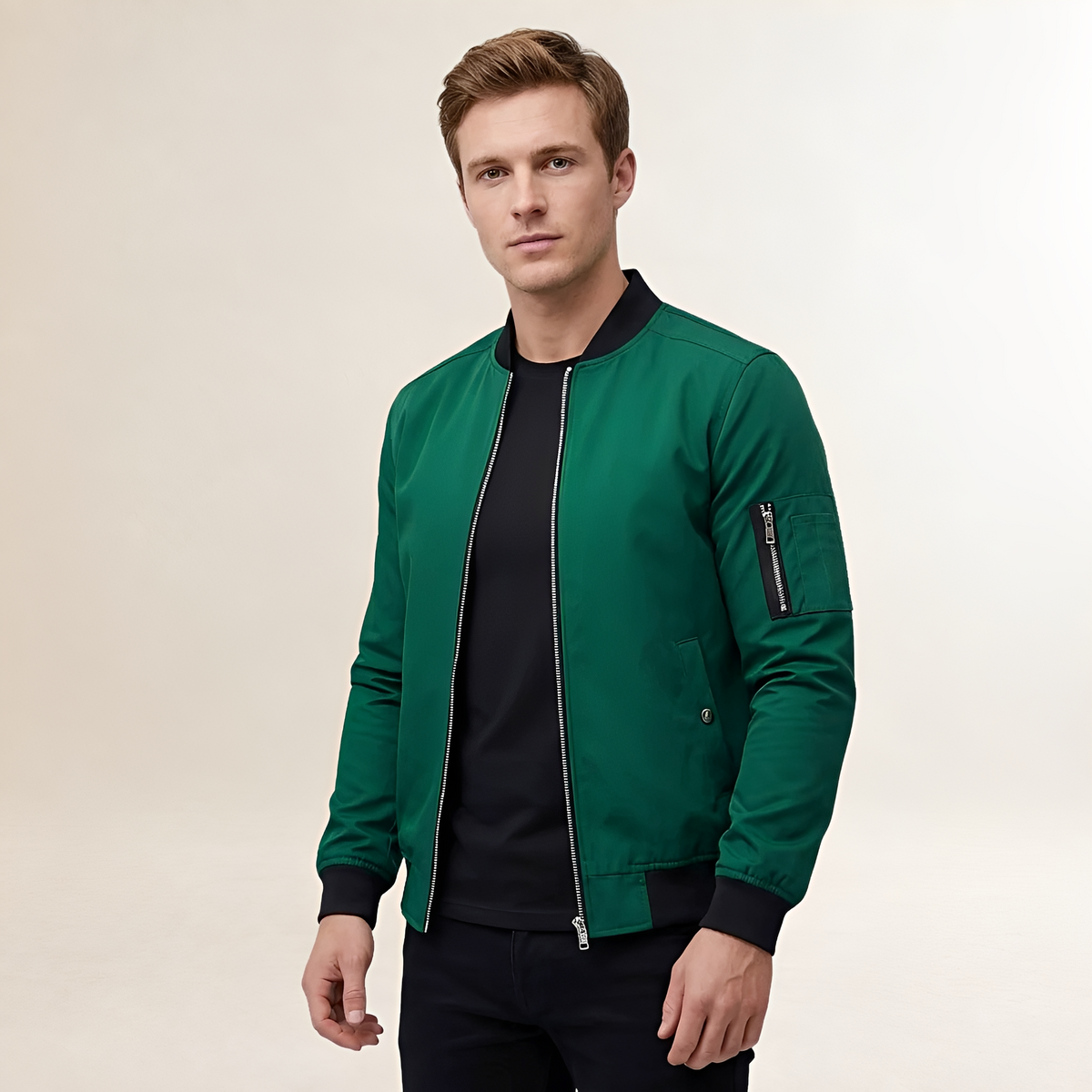Chaqueta bomber para hombre ajustada con cierre de cremallera y bolsillo en la manga