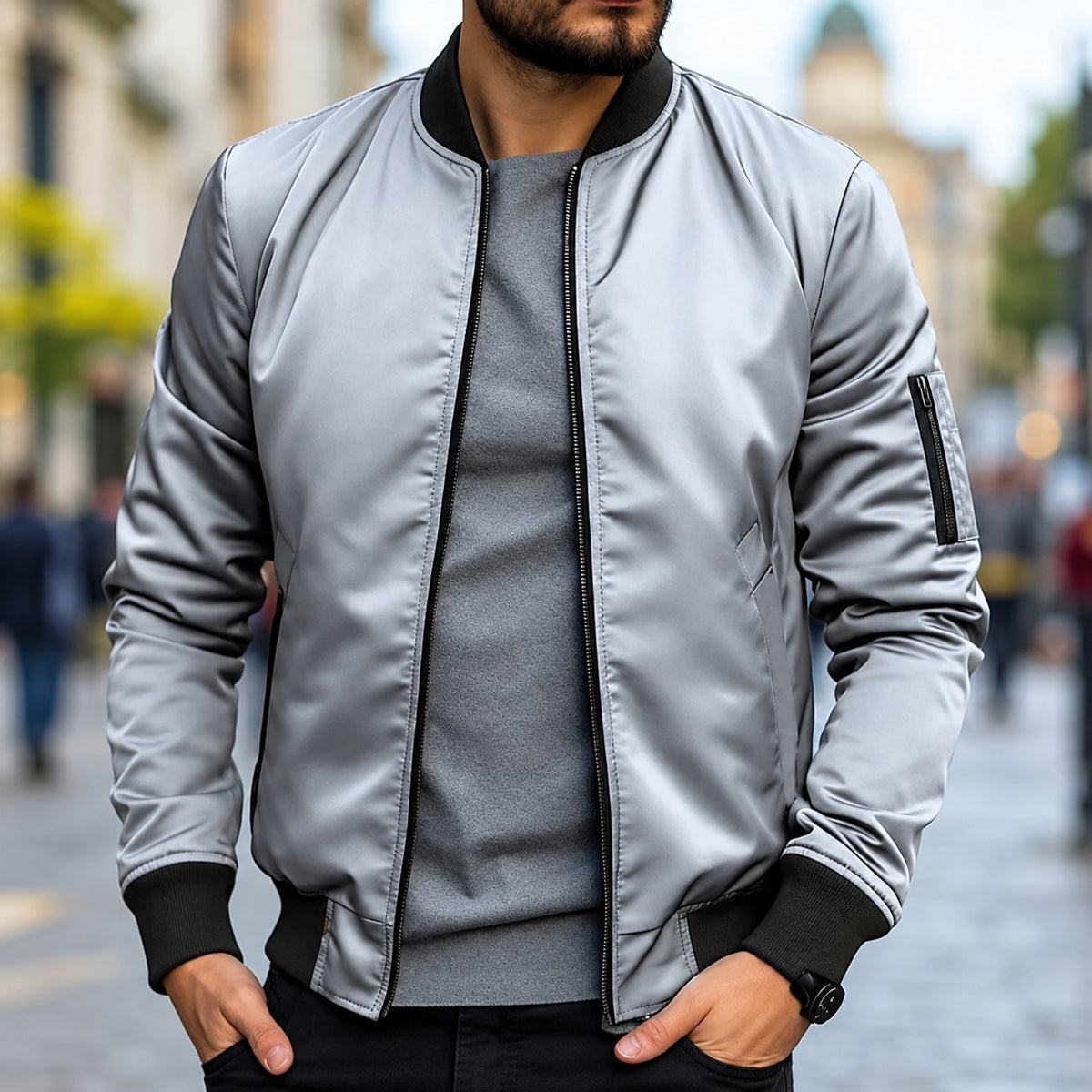 Chaqueta bomber para hombre ajuste clásico con puños acanalados y cierre de cremallera